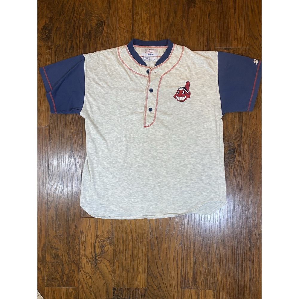 Vintage Starter Cleveland Indians Henley Baseball Jersey Gray Navy Mens Large